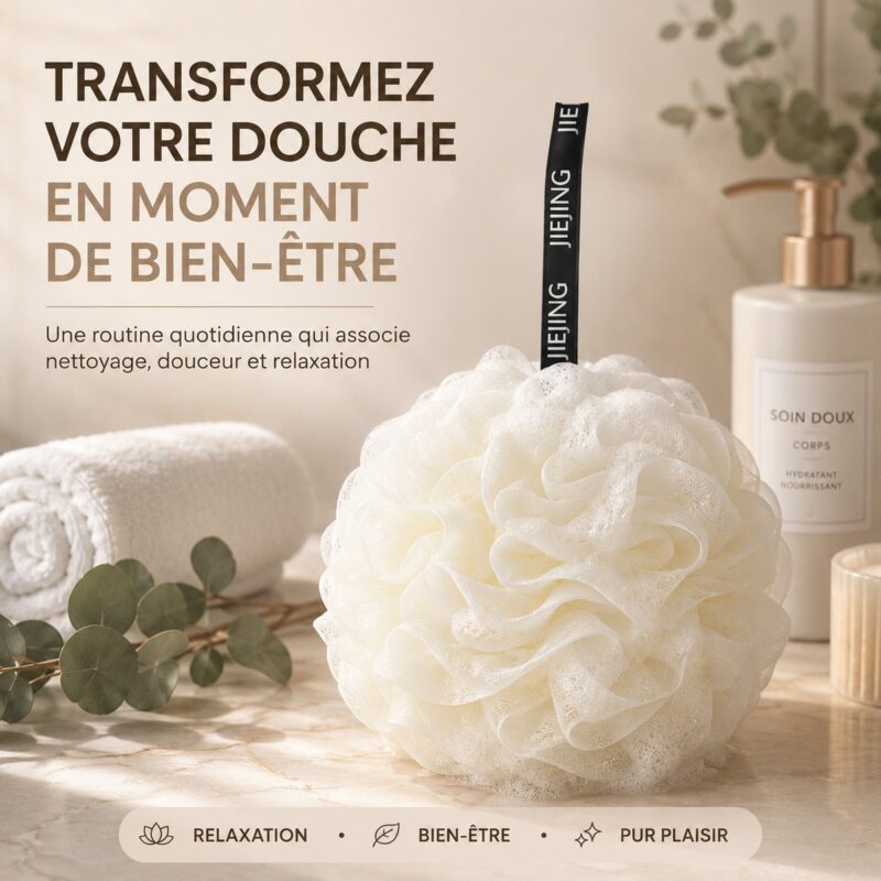 Fleur de douche blanche dans une salle de bain, entre une serviette roulée, de l&rsquo;eucalyptus et un flacon de soin