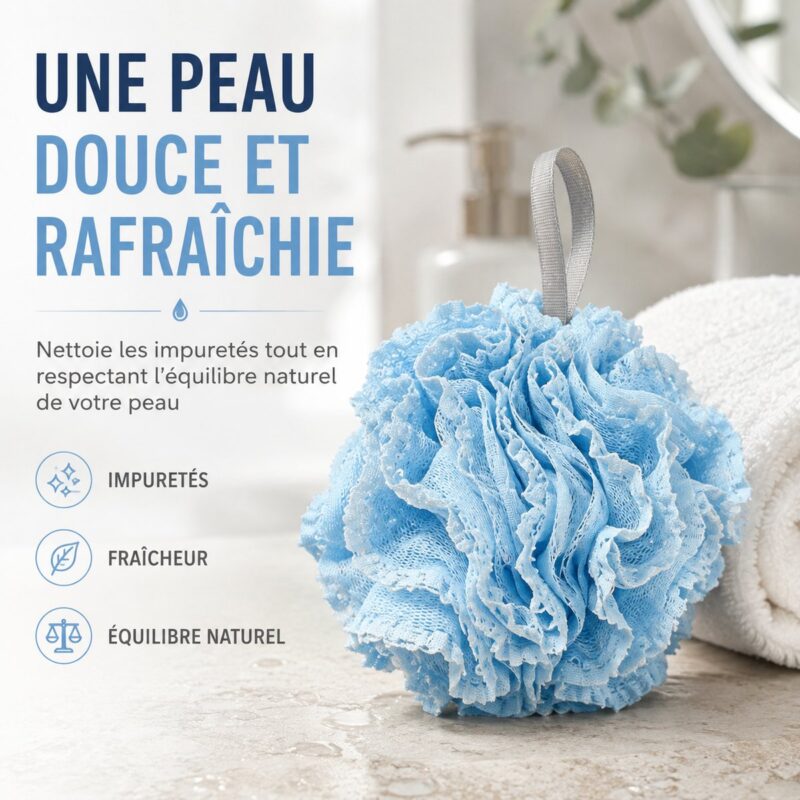 Fleur de douche bleue posée sur le marbre à côté d'une serviette blanche roulée
