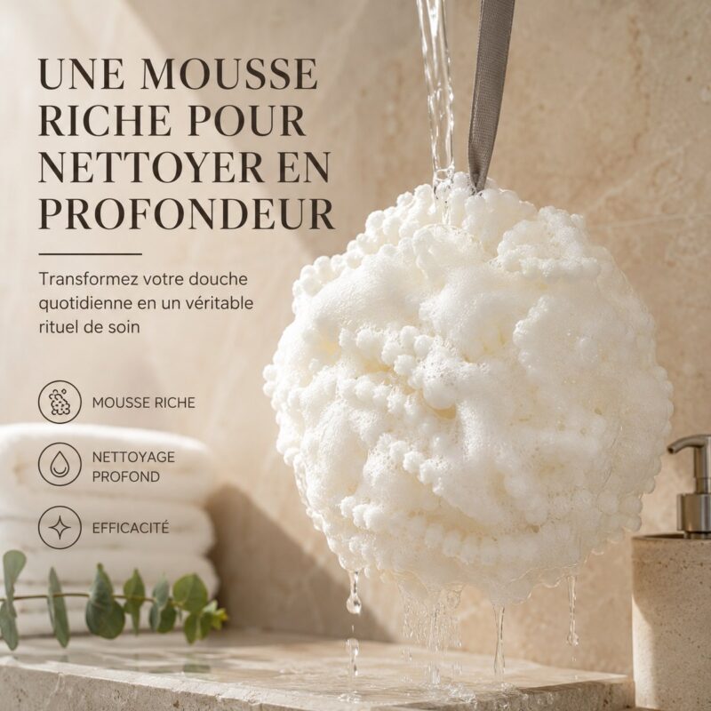 Fleur de douche bubble suspendue sous l'eau, couverte d'une mousse épaisse