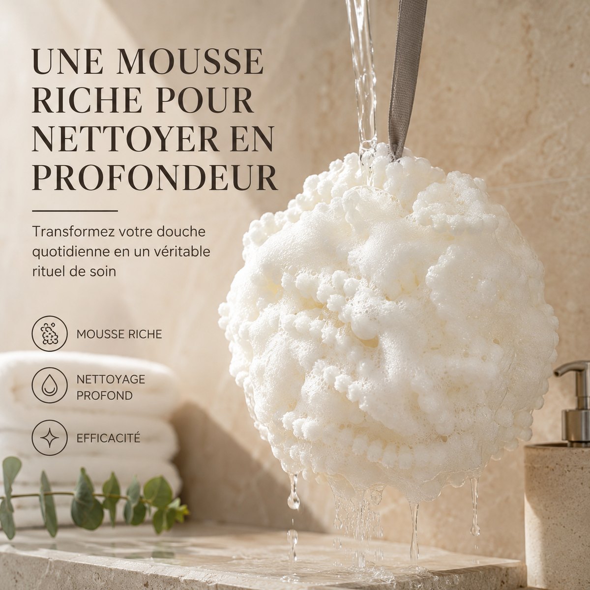 Fleur de douche bubble suspendue sous l'eau, couverte d'une mousse épaisse