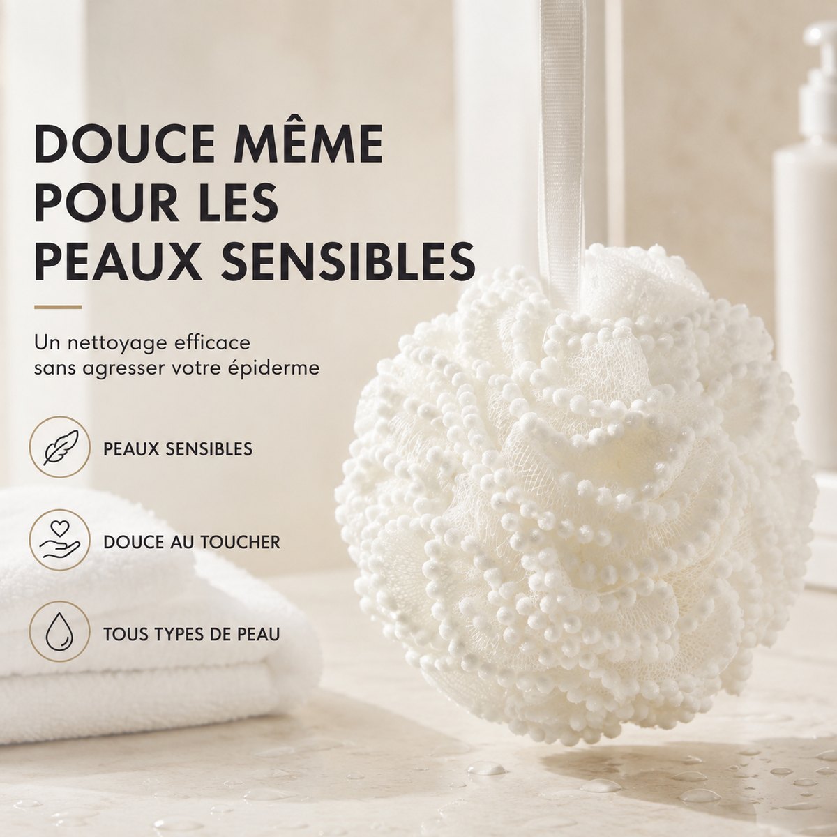 Fleur de douche bubble suspendue par son ruban près d'une pile de serviettes blanches