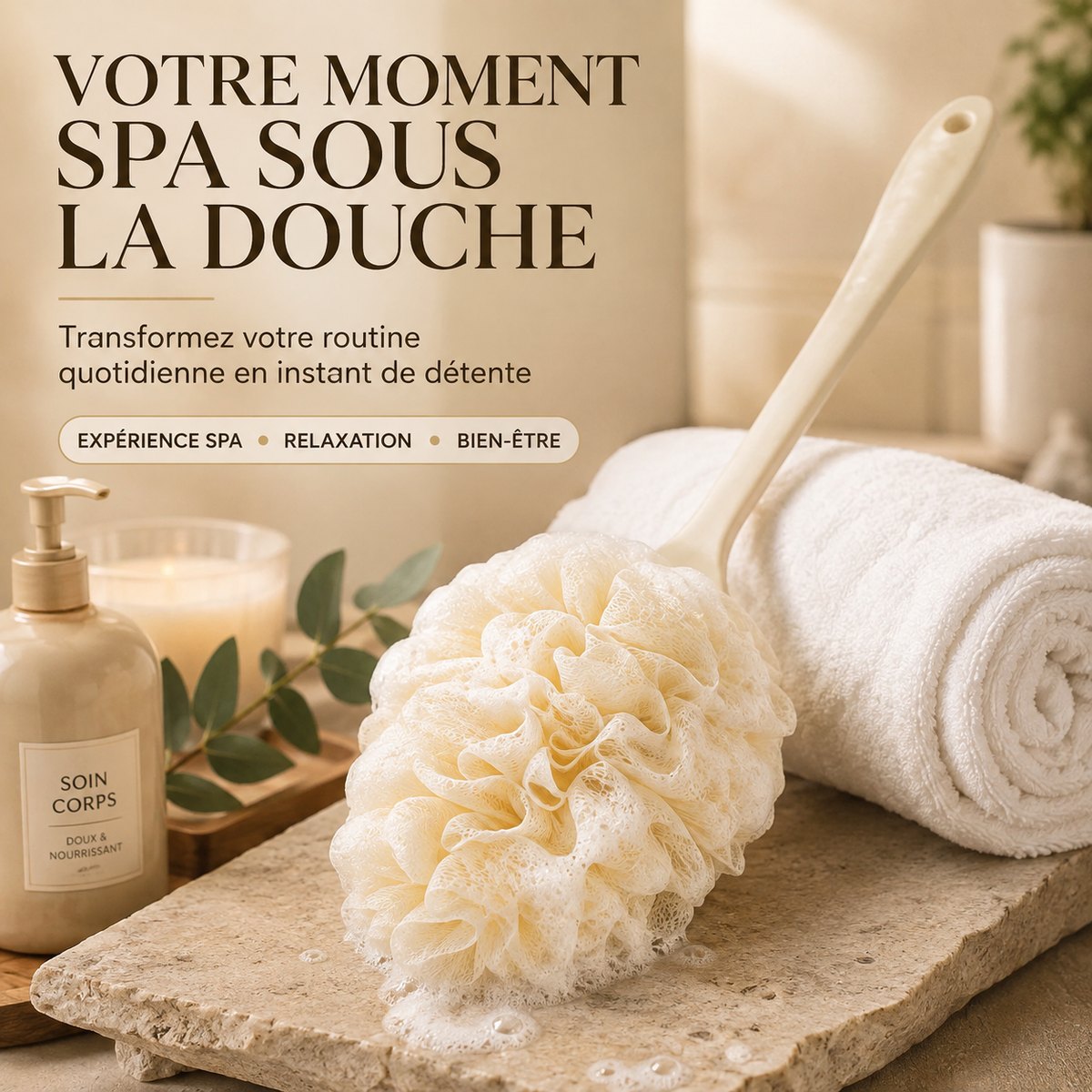 Fleur de douche dos beige posée sur une pierre à côté d'une serviette roulée et d'une bougie