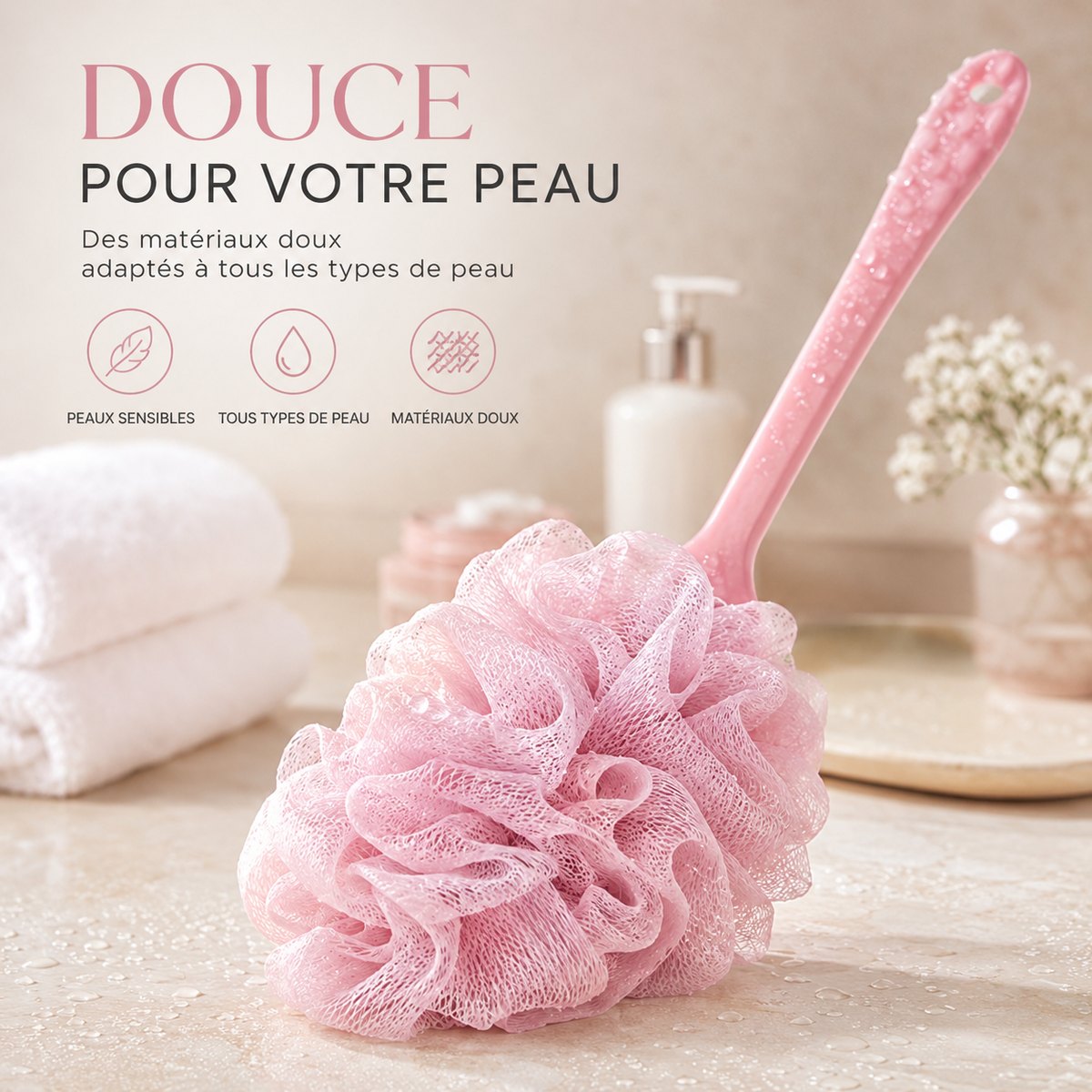 Fleur de douche dos rose aux mailles souples, posée près de serviettes blanches