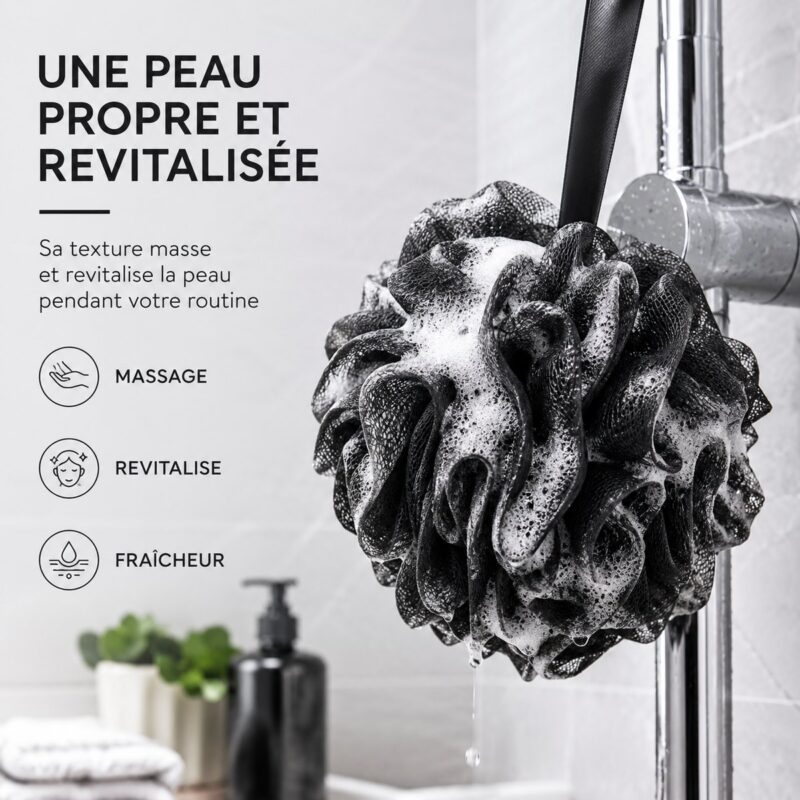 Fleur de douche noire suspendue au mitigeur de la douche, couverte de mousse