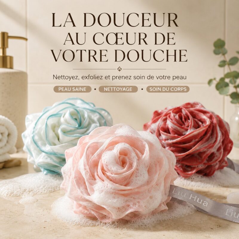 Trois fleurs de douche pour se laver, rose, bleu ciel et rouge, posées sur un plan de salle de bain