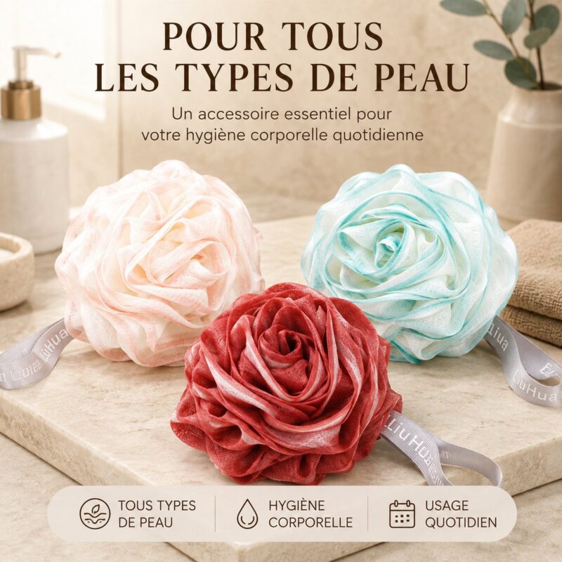 Les trois coloris de la fleur de douche pour se laver côte à côte&nbsp;: rose, bleu ciel et rouge