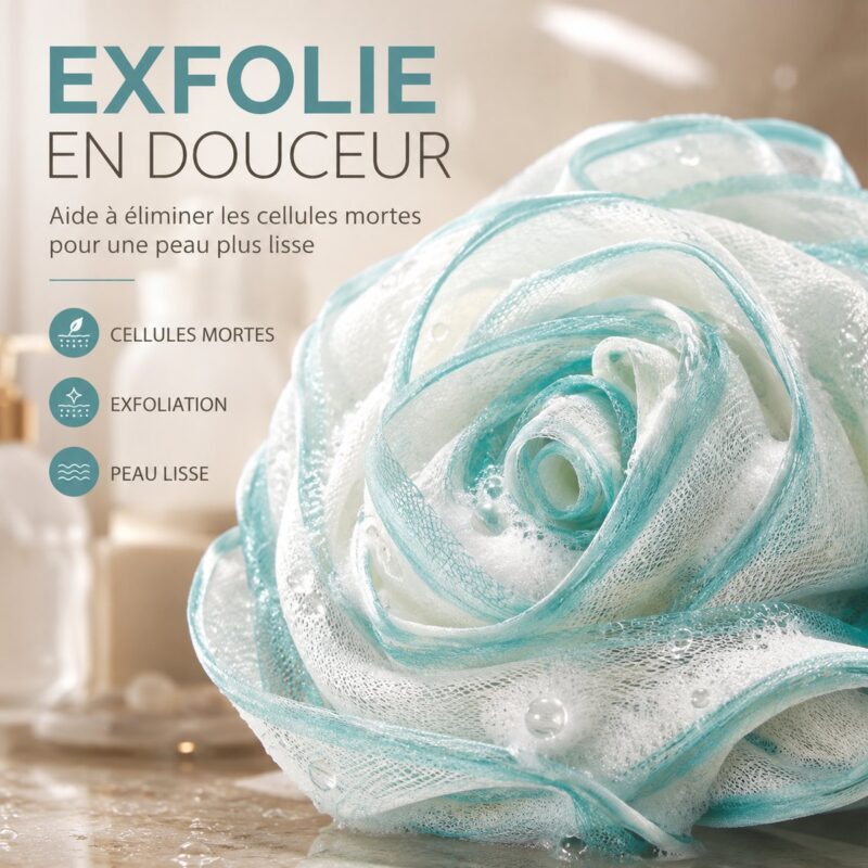 Fleur de douche pour se laver bleu ciel humide, maille souple visible en gros plan