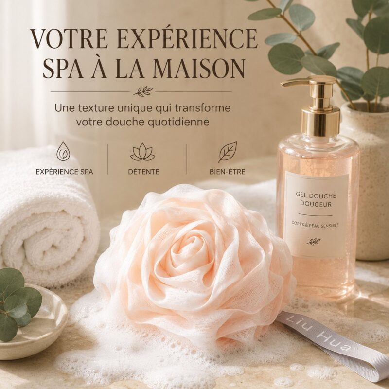 Fleur de douche pour se laver rose à côté d&rsquo;un flacon de gel douche et d&rsquo;une serviette roulée