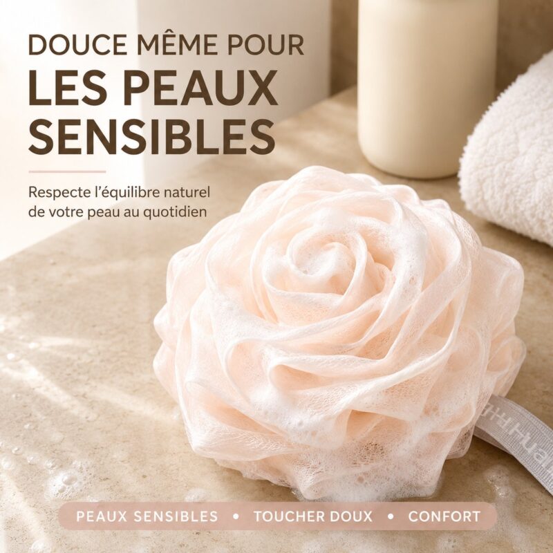 Fleur de douche pour se laver rose posée sur le marbre, mousse fine et légère