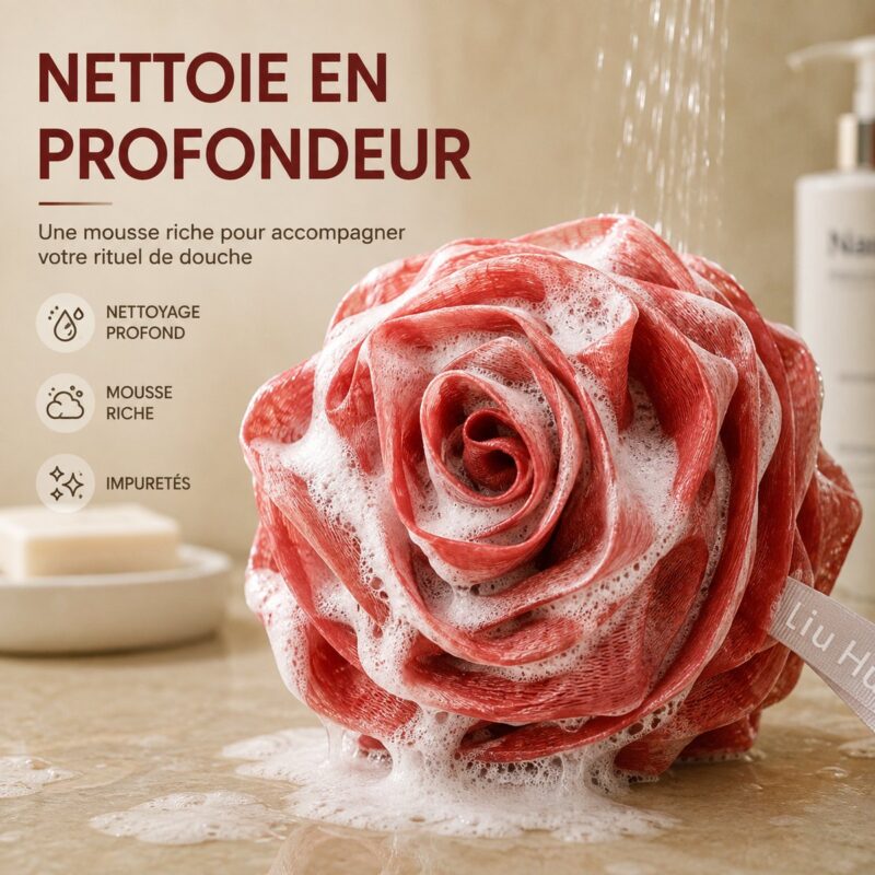 Fleur de douche pour se laver rouge sous le jet de la douche, couverte de mousse riche