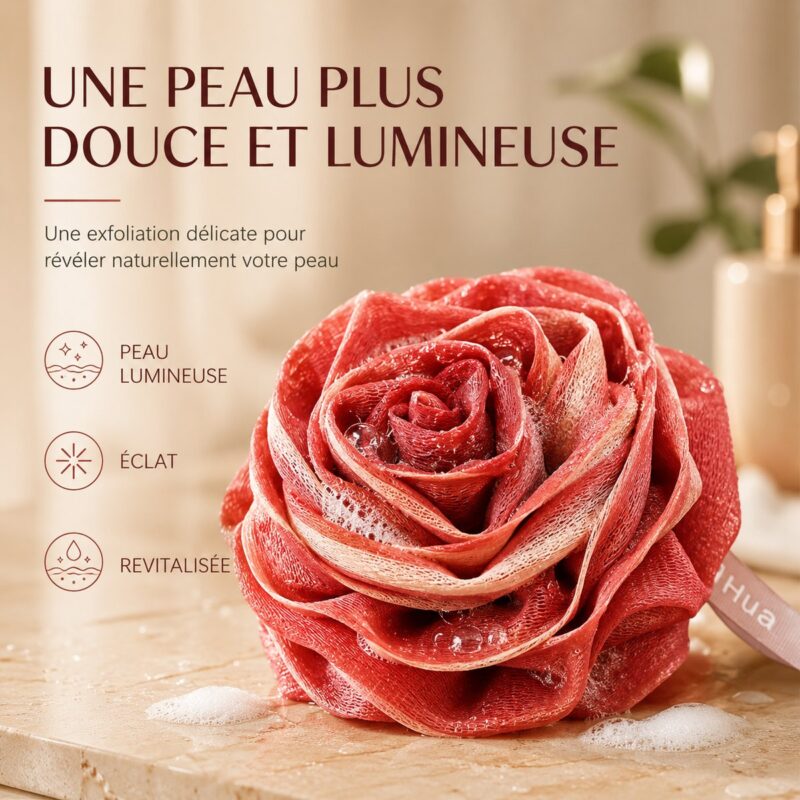 Fleur de douche pour se laver rouge et blanche, mailles épaisses vues de face