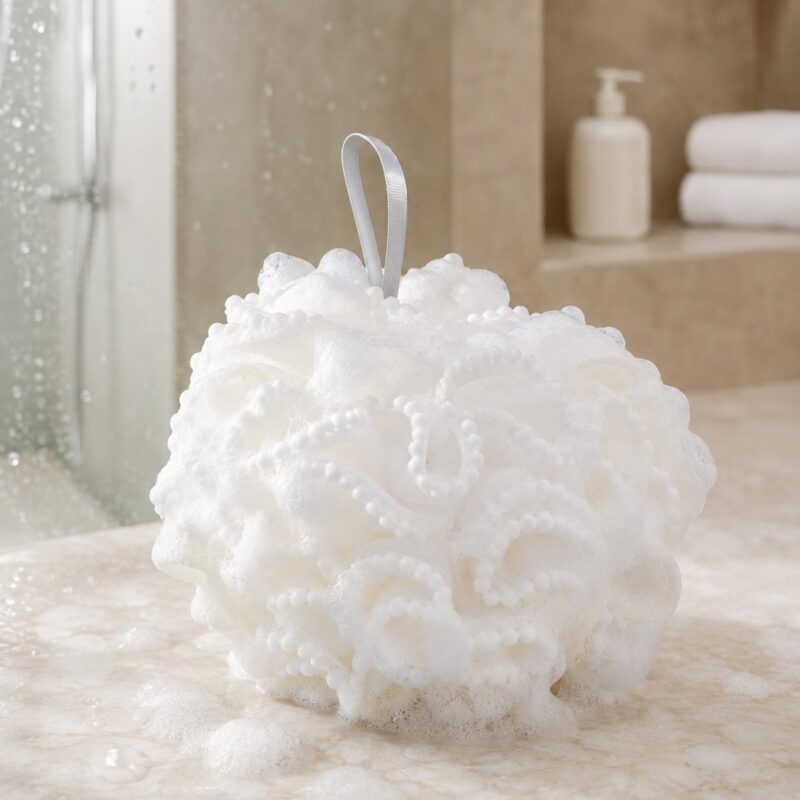 Fleur de douche XXL couverte de mousse abondante après une pression de gel douche